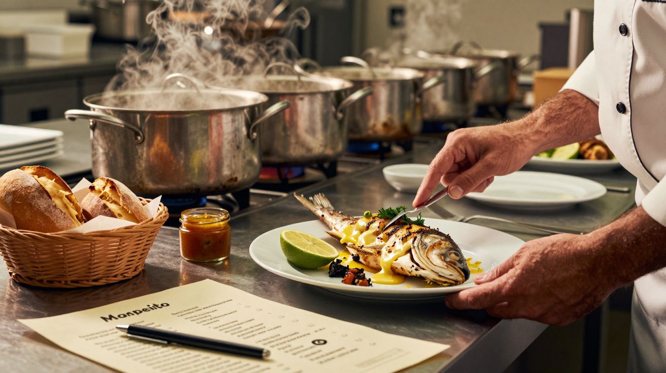 Chef preparando prato de peixe grelhado com limão e ervas, em cozinha com tachos ao fundo e cesto de pão ao lado.