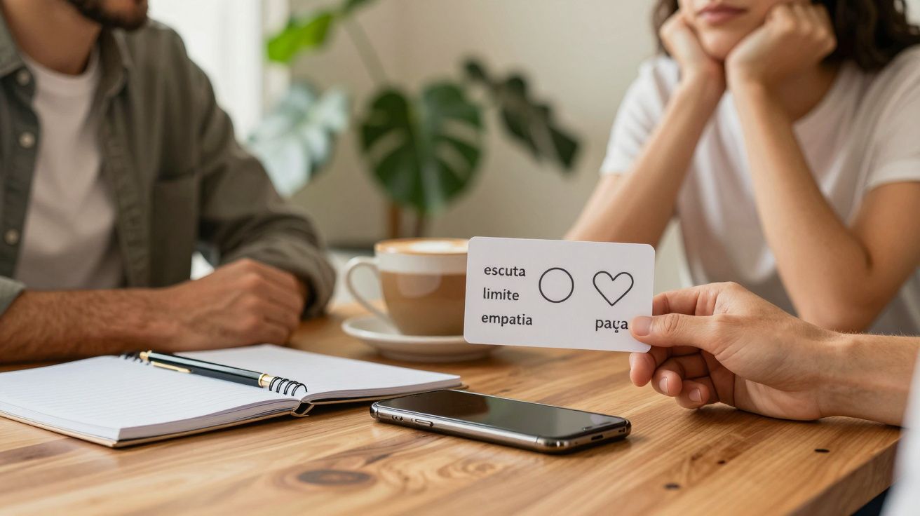 Duas pessoas sentadas, uma segurando cartão com palavras: escuta, limite, empatia. Mesa com café, caderno e telemóvel.