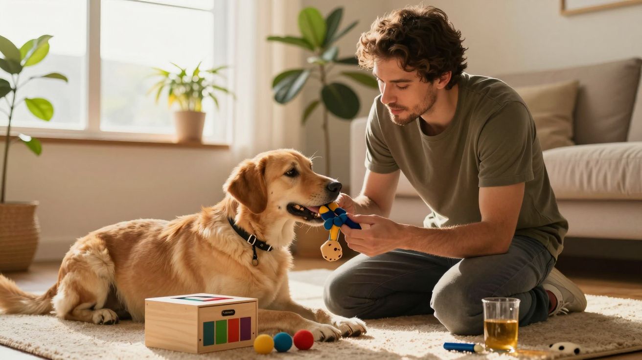 Homem brinca com cão num sala iluminada, segurando brinquedo enquanto cão morde; caixas e bolas no chão.