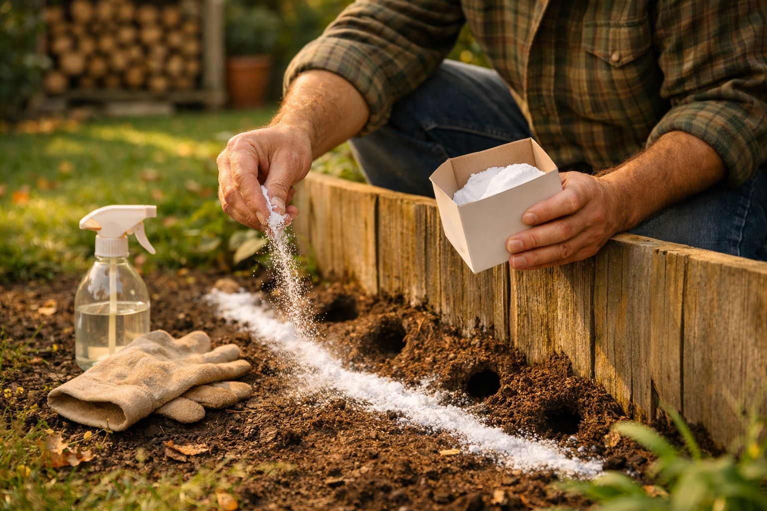 Pessoa a pulverizar terra no jardim com um frasco de spray branco. Luvas de jardinagem ao lado.