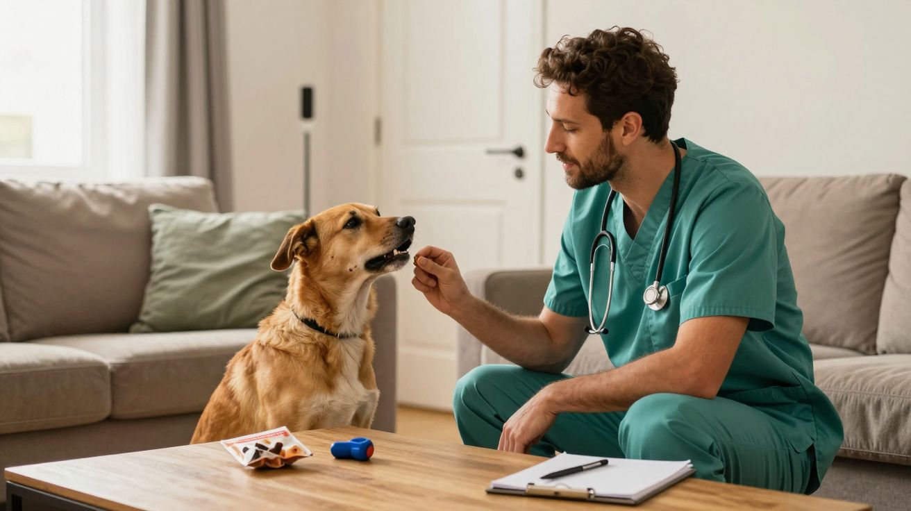 Veterinário de bata verde dá um biscoito a um cão numa sala de estar, com blocos de notas e brinquedo na mesa.