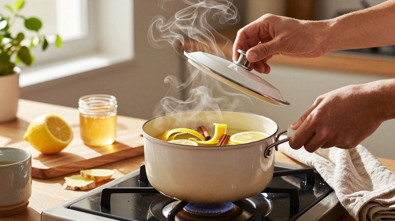 Mãos levantam tampa de panela branca com limões e canela a ferver, em fogão a gás, com limão e mel ao fundo.