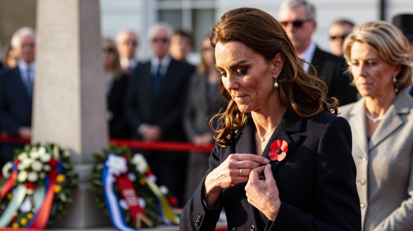Mulher com broche de papoila no casaco, em cerimónia com coroas de flores e pessoas ao fundo.