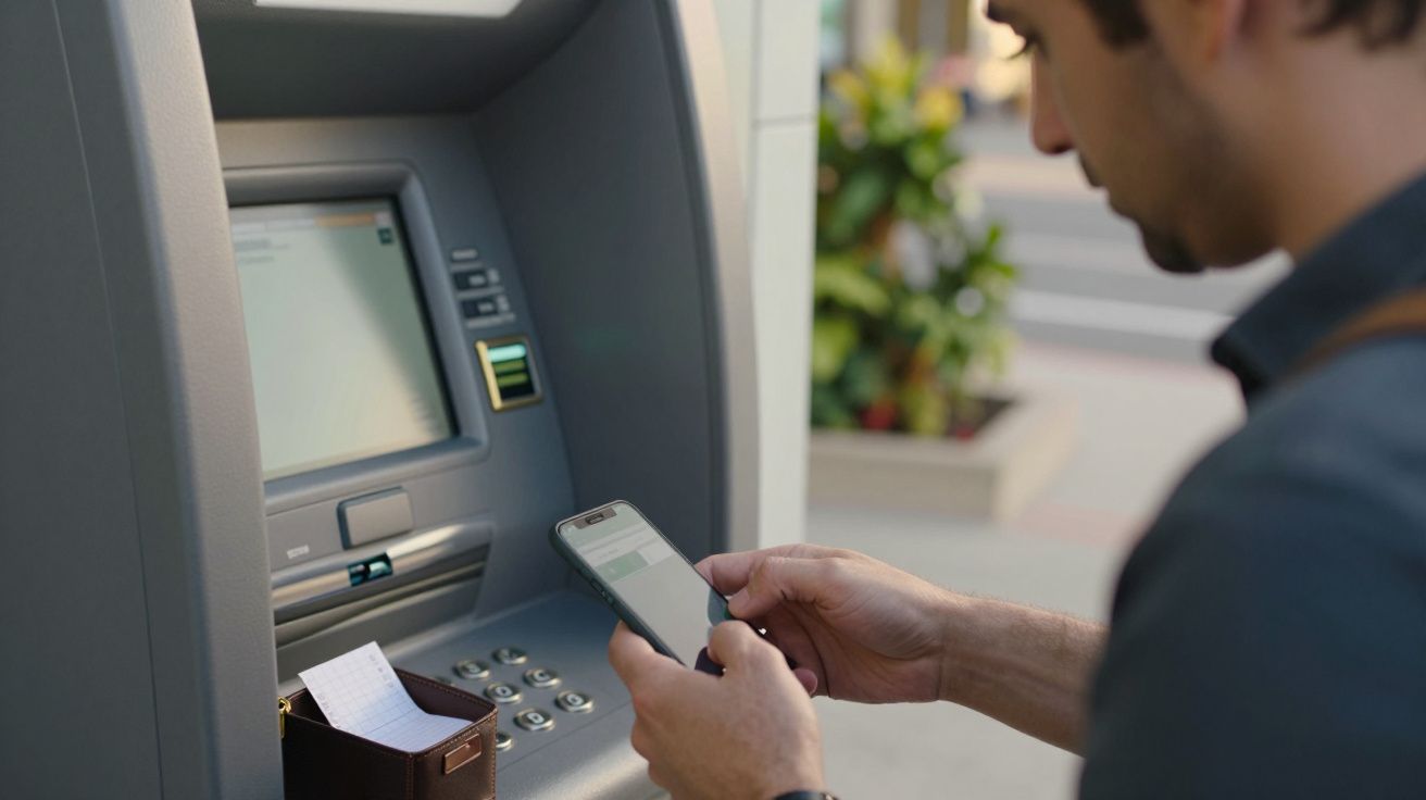 Homem usando smartphone em frente a um multibanco com talão de papel visível na ranhura de saída.