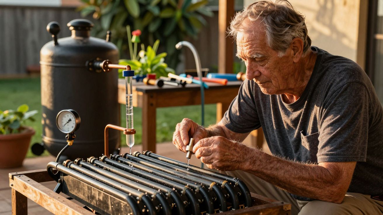 Homem idoso ajusta equipamento com tubos e manómetro ao ar livre, rodeado de ferramentas e plantas.