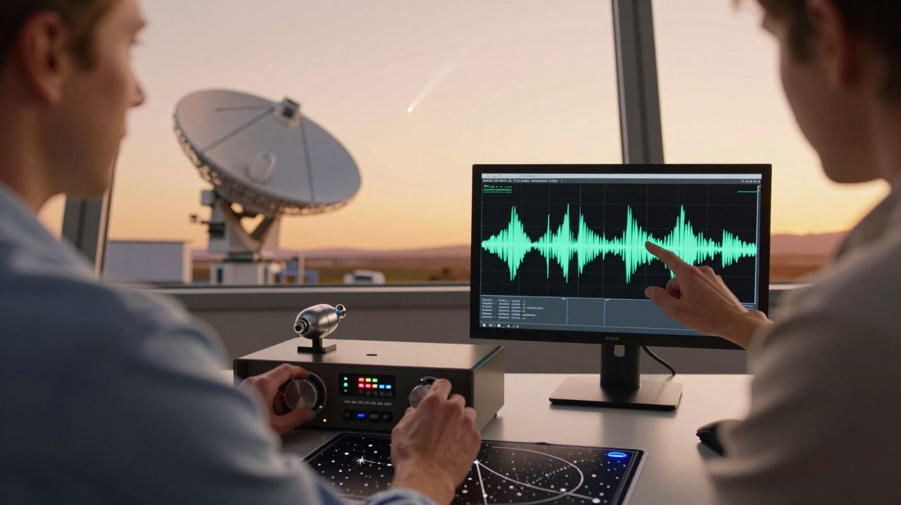 Dois cientistas observam ondas sonoras em computador num laboratório com antena parabólica ao fundo ao pôr do sol.