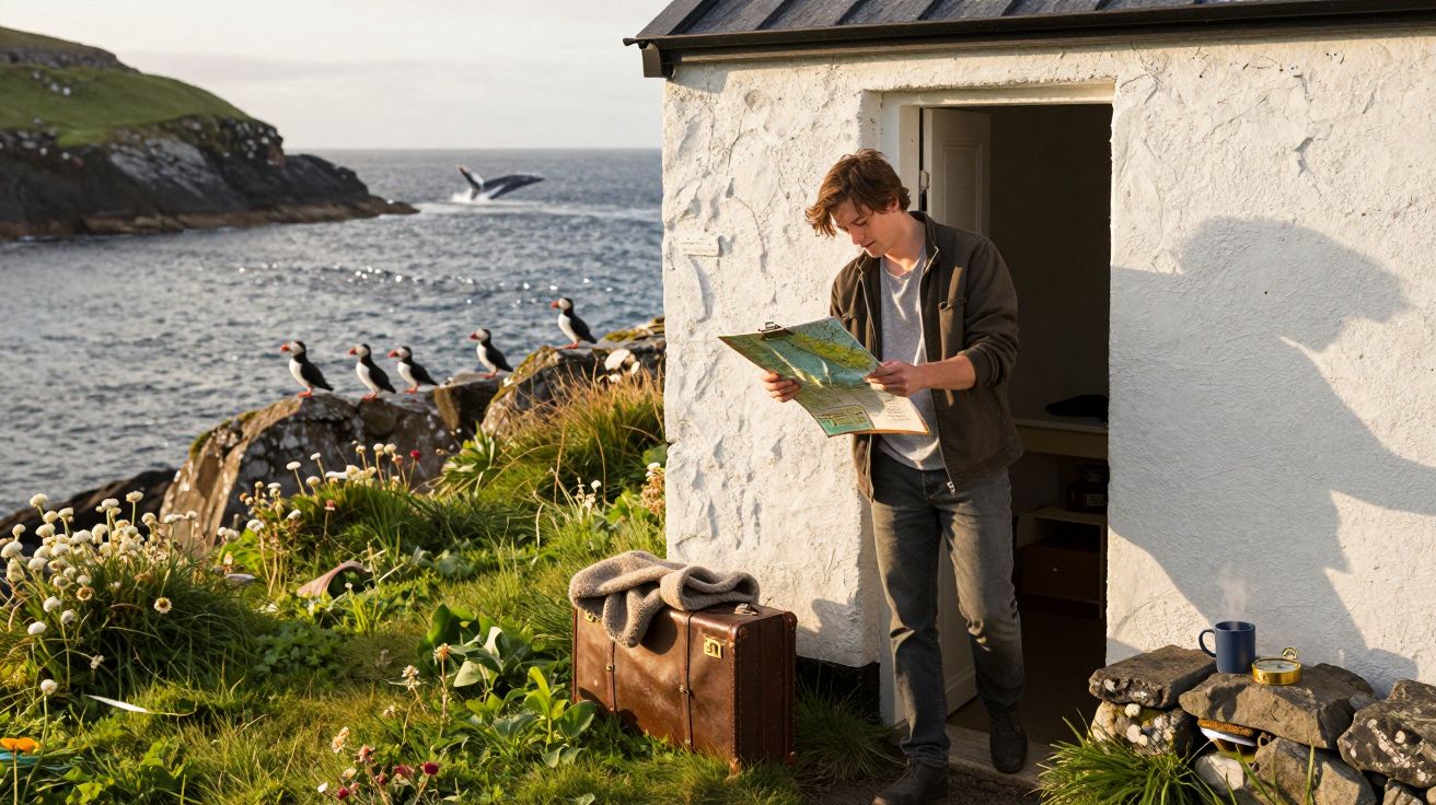 Homem lendo mapa à porta de casa junto ao mar; papagaios-do-mar e baleia ao fundo, mala de viagem no chão.