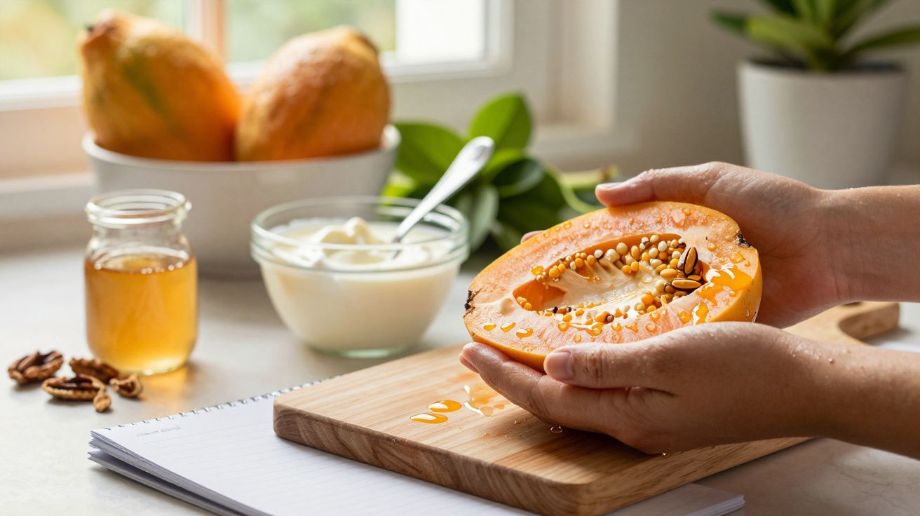 Mãos segurando metade de mamão, com mel e iogurte ao fundo em cima de uma bancada iluminada pela luz da janela.