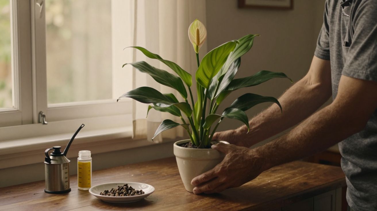 Pessoa ajusta vaso de planta verde sobre mesa de madeira, com regador e fertilizante ao lado, junto a janela iluminada.
