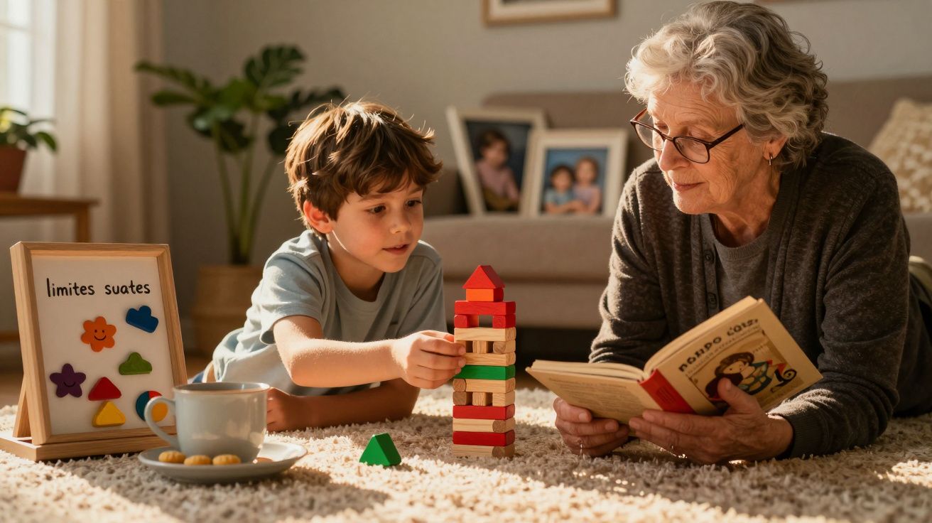 Avó e neto jogam com blocos coloridos no tapete, com uma chávena e bolachas ao lado.