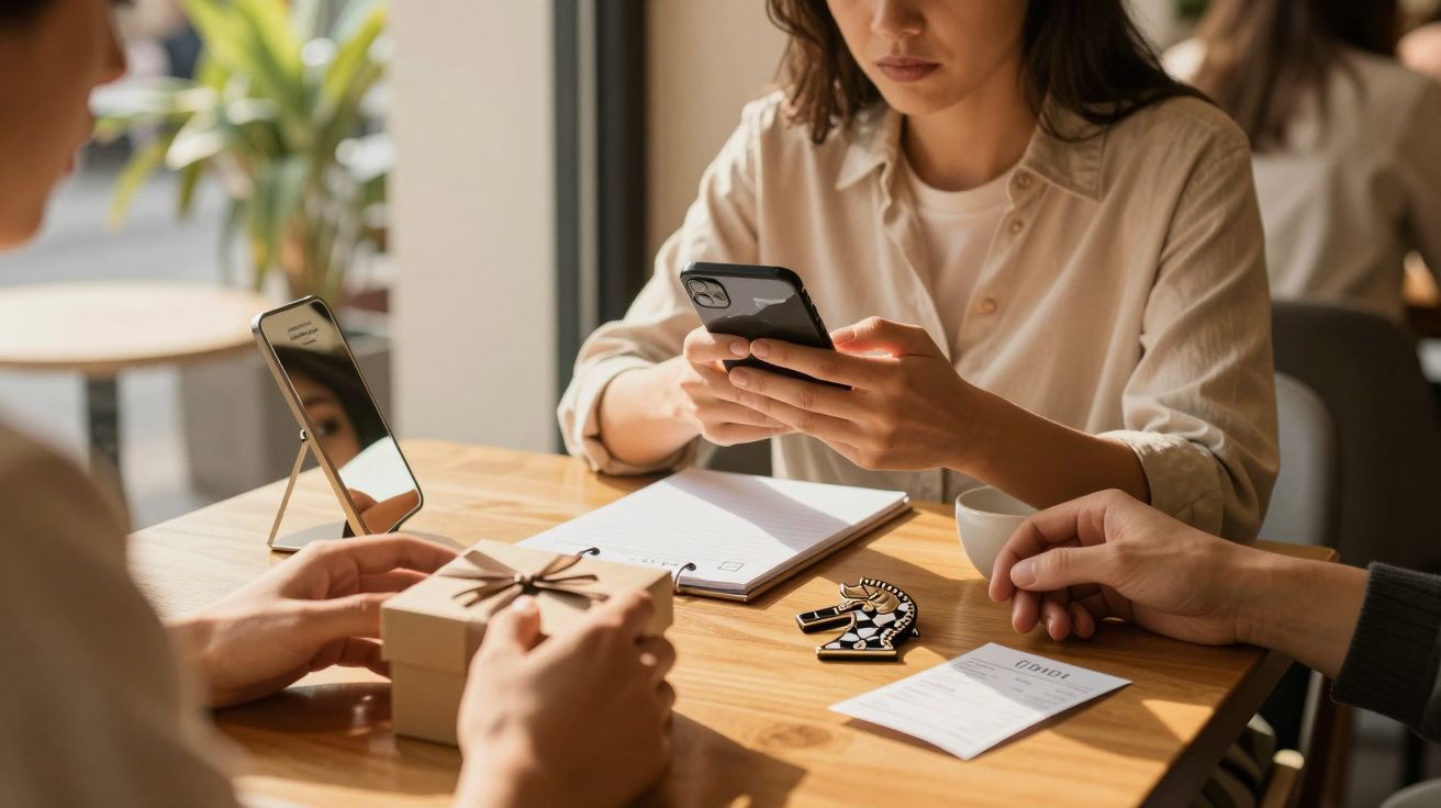 Pessoa a usar smartphone numa mesa de café com bloco de notas, embalagens e telefone de mesa.