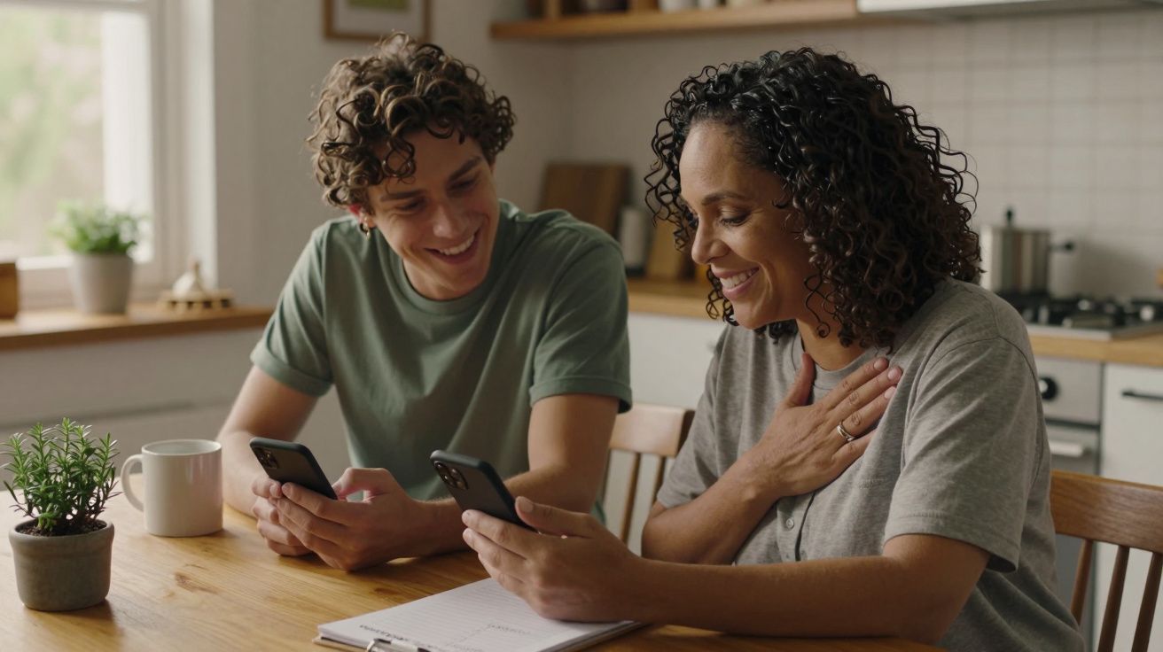 Duas pessoas sentadas à mesa da cozinha, a sorrirem e a olharem para os seus telemóveis.