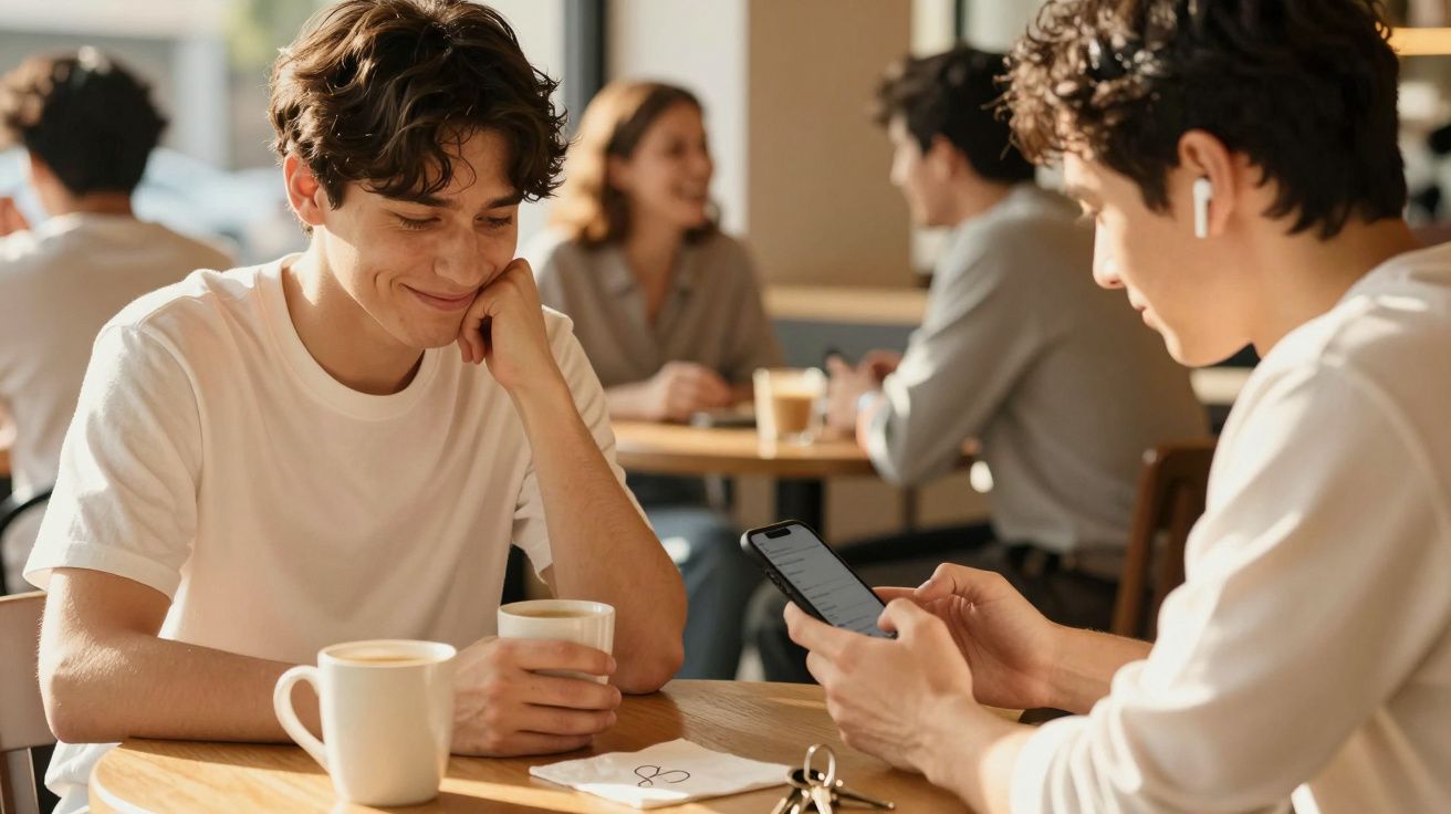 Dois jovens num café, um a sorrir com uma chávena e o outro a usar auscultadores e a olhar para o telemóvel.