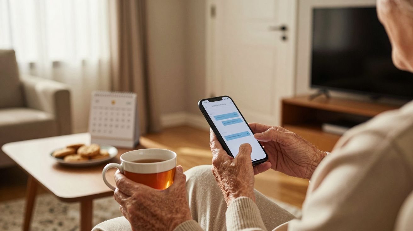 Pessoa idosa segura chá e telemóvel numa sala, com mensagens visíveis no ecrã. Mesa com bolachas ao fundo.
