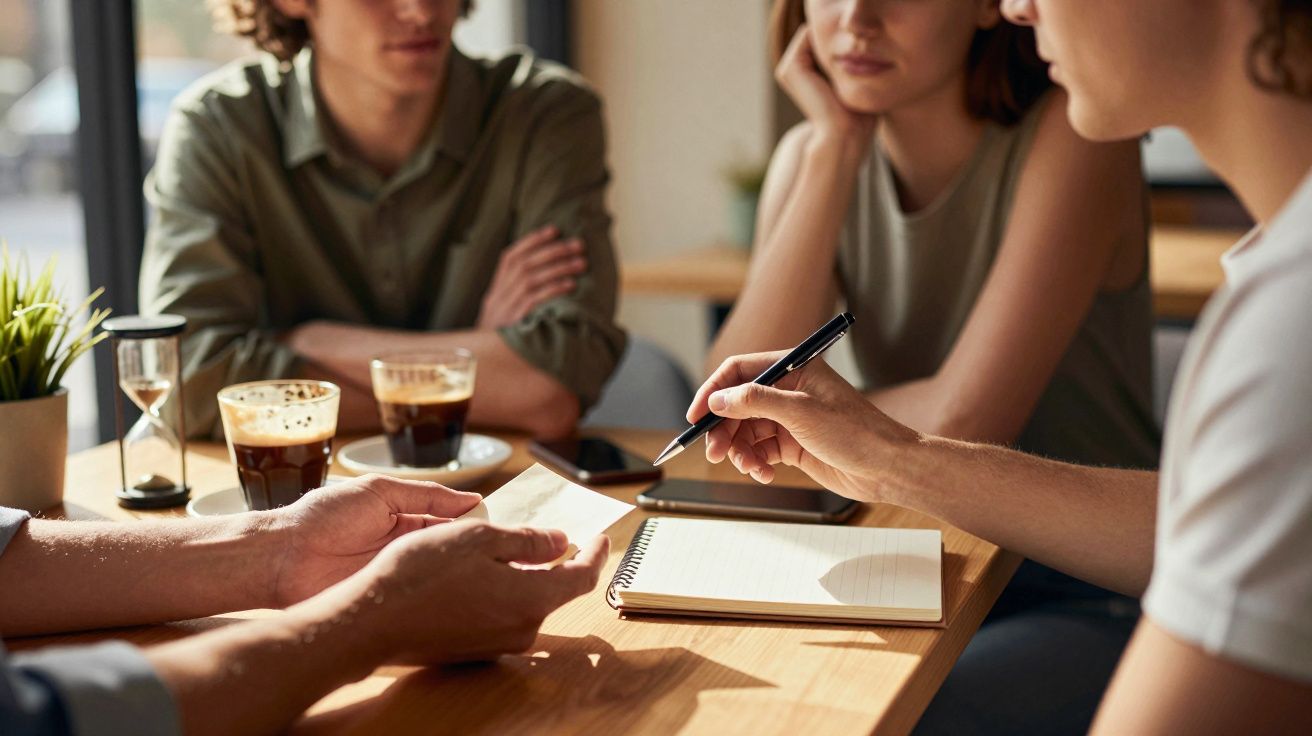 Quatro pessoas discutem ao redor de uma mesa com café e caderno, num ambiente de café.