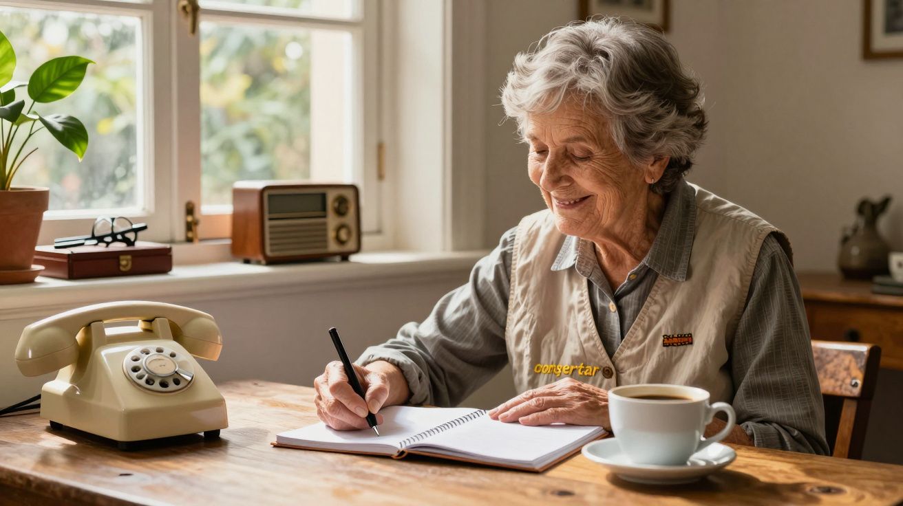Mulher idosa sorrindo, escrevendo em caderno, com telefone antigo e chávena de café na mesa.