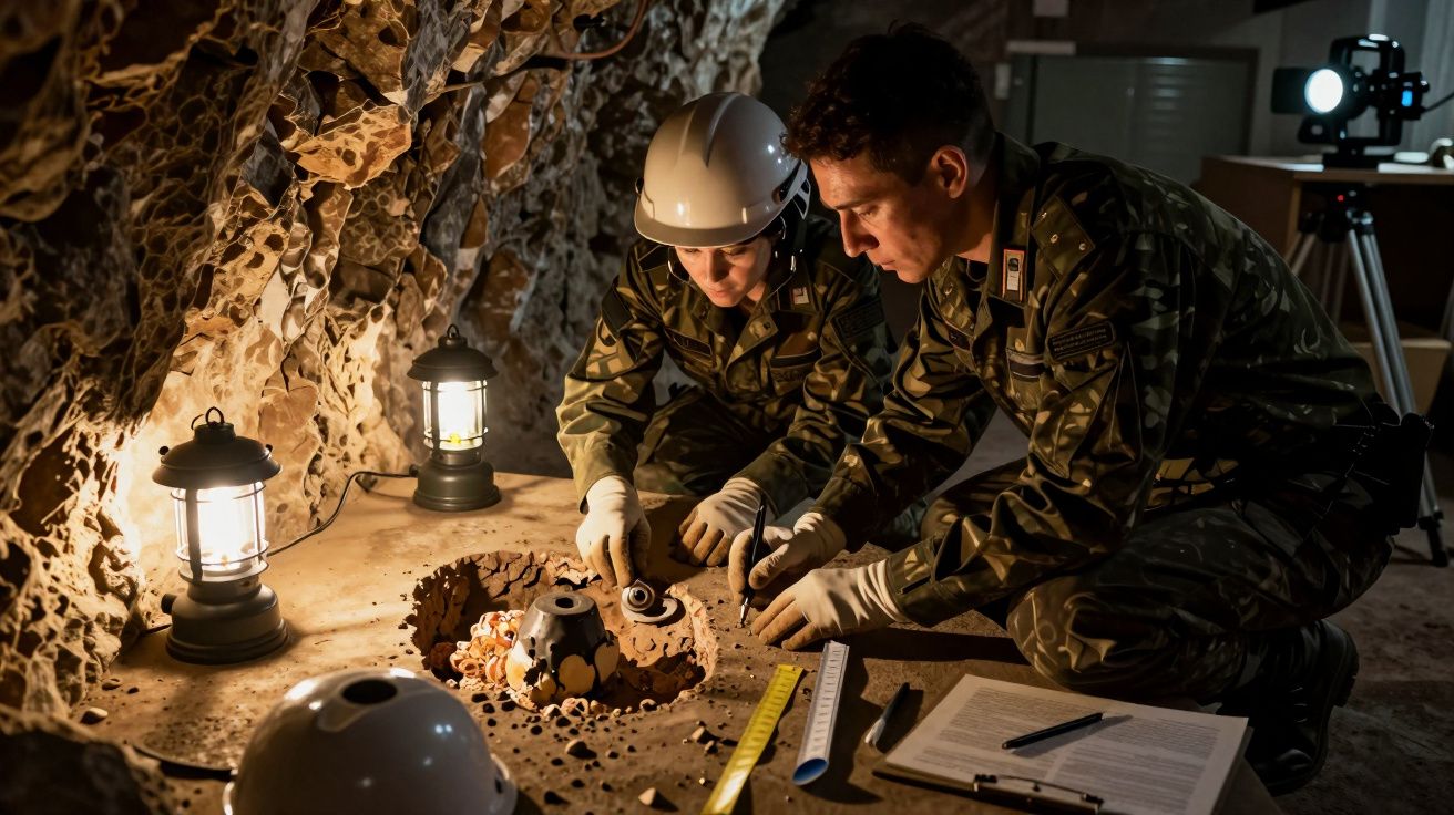Dois militares em uniforme camuflado analisam artefacto no interior de uma caverna, iluminada por lanternas e capacetes.
