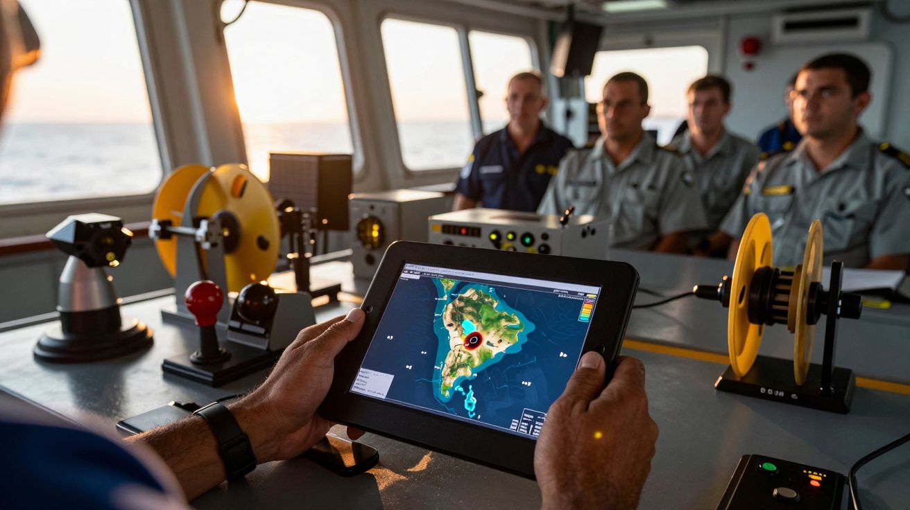 Pessoa segura tablet com mapa em sala de controle marítima, quatro pessoas ao fundo.