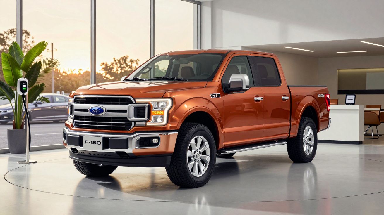 Carrinha Ford F-150 laranja estacionada num salão de exposição iluminado pelo sol poente.