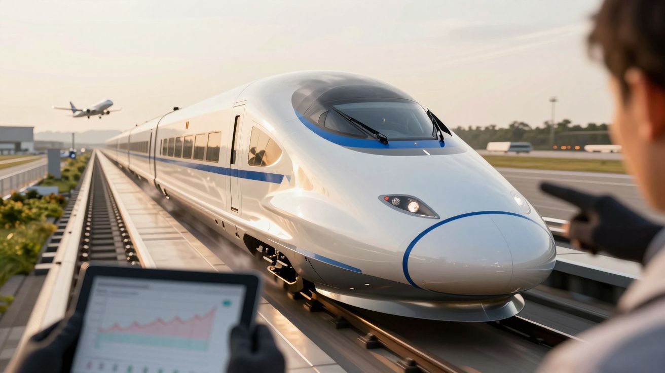 Trem de alta velocidade em movimento numa estação, com pessoa a segurá-lo e um avião a descolar ao fundo.