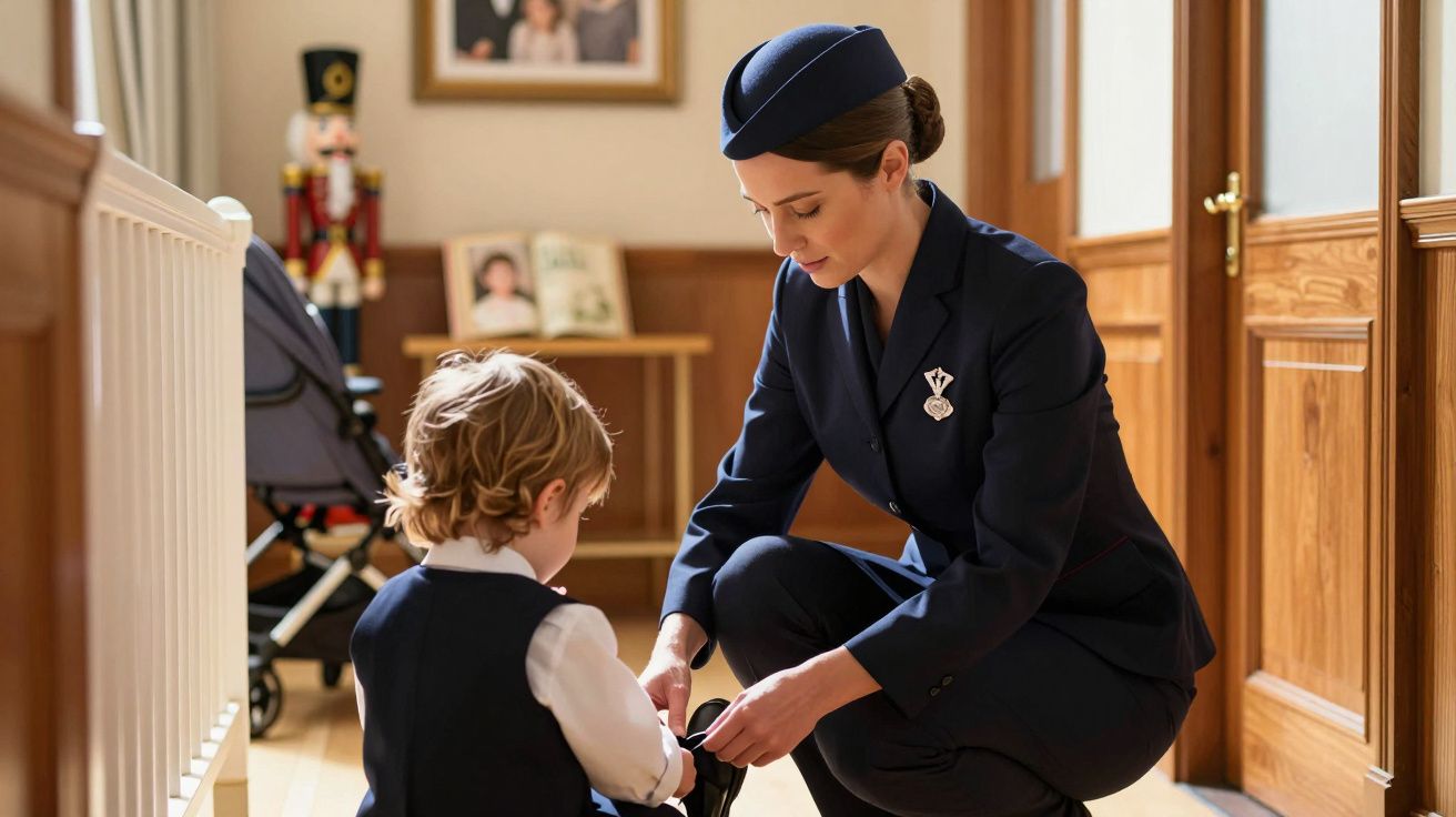 Mulher de uniforme azul ajoelha-se para ajudar uma criança a calçar sapatos num corredor de madeira com carrinho de bebé ao f
