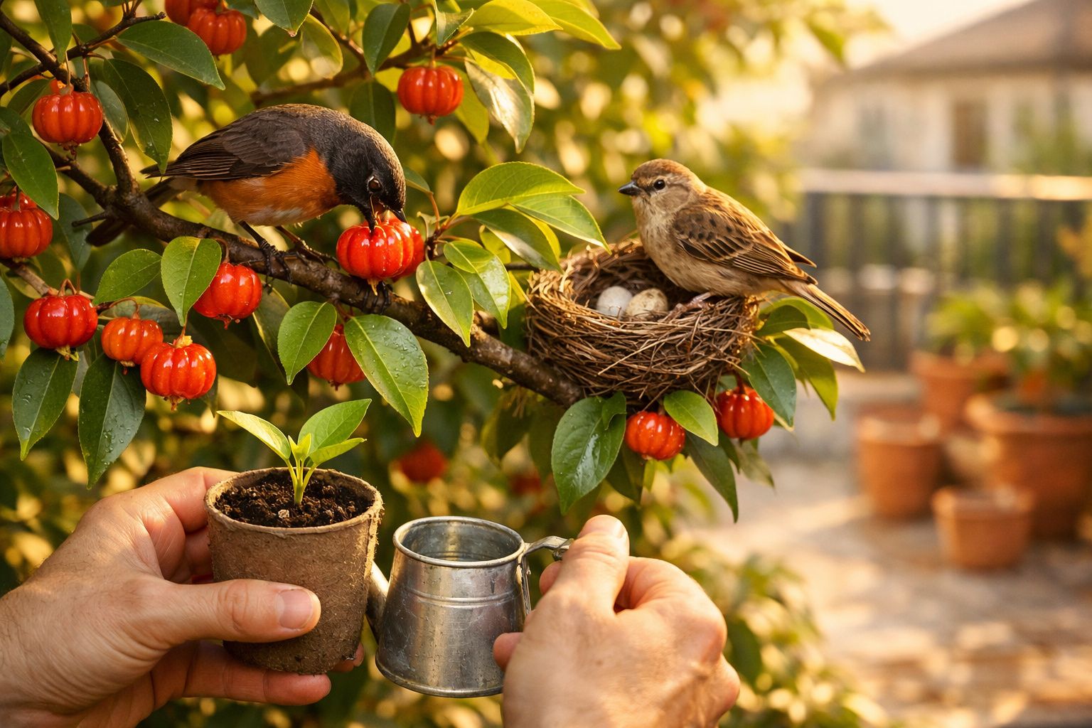 Pássaros junto a um vaso em varanda ensolarada, com regador e frutas vermelhas na árvore e chão.