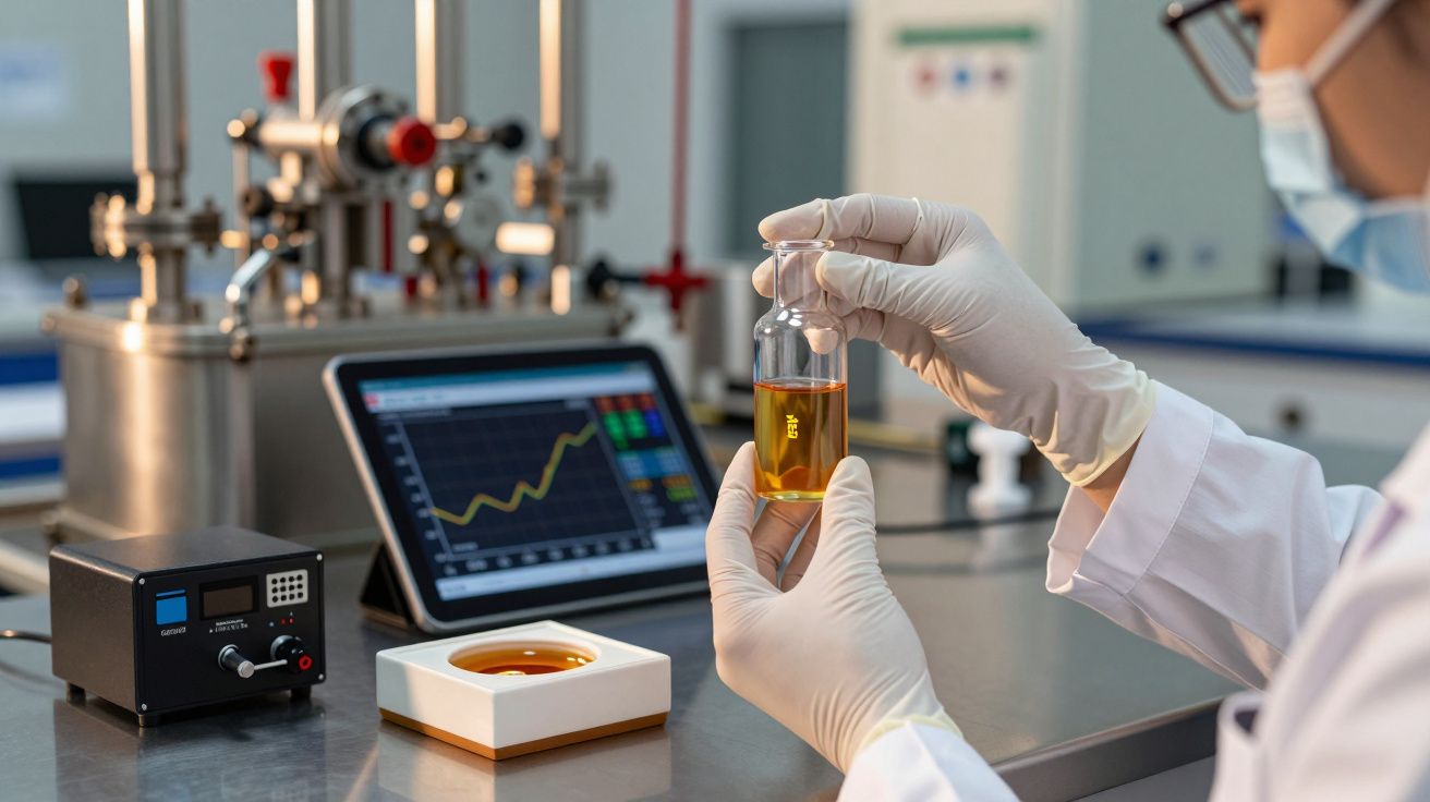 Cientista analisa líquido em frasco, com gráfico em tablet no laboratório ao fundo.