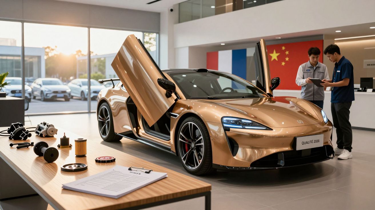 Carro dourado desportivo com portas abertas em showroom, duas pessoas ao fundo analisam documentos. Peças sobre a mesa.