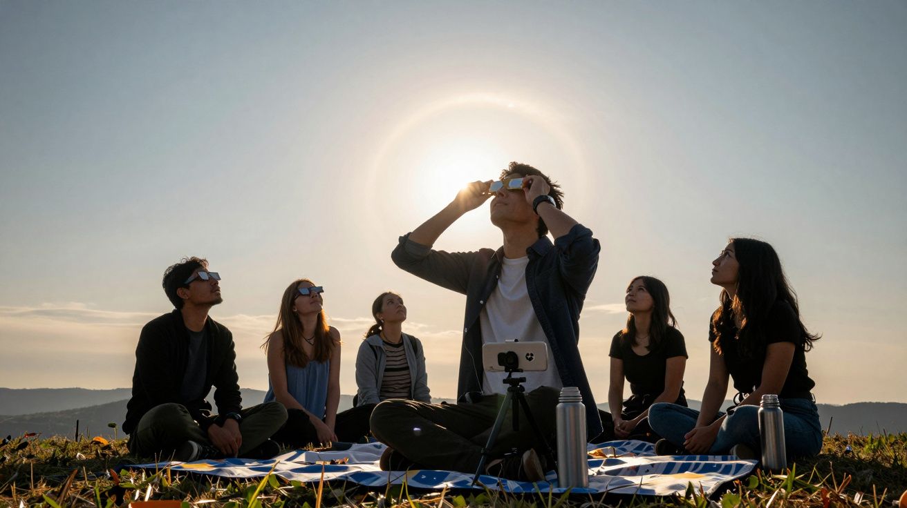 Grupo de pessoas sentadas num campo observa eclipse solar com óculos especiais.
