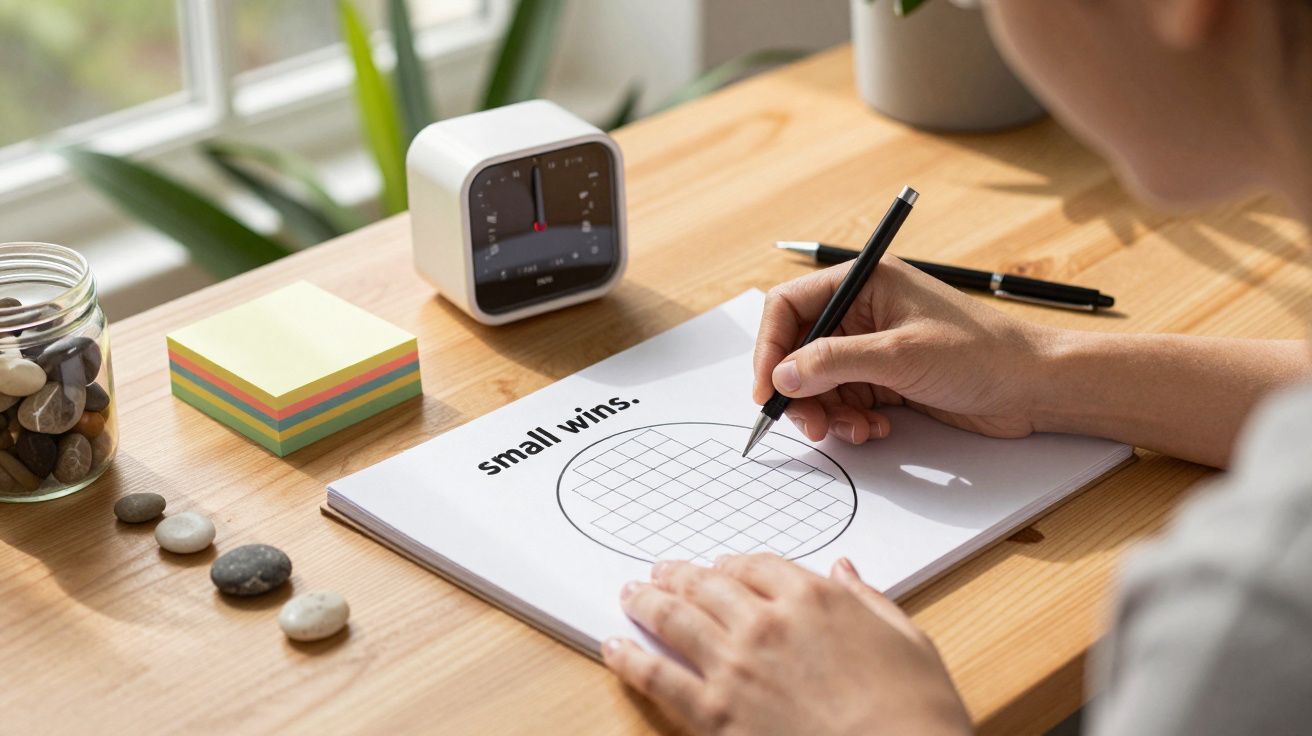 Pessoa a desenhar num caderno com o título "small wins", ao lado de notas adesivas e um relógio sobre a mesa.