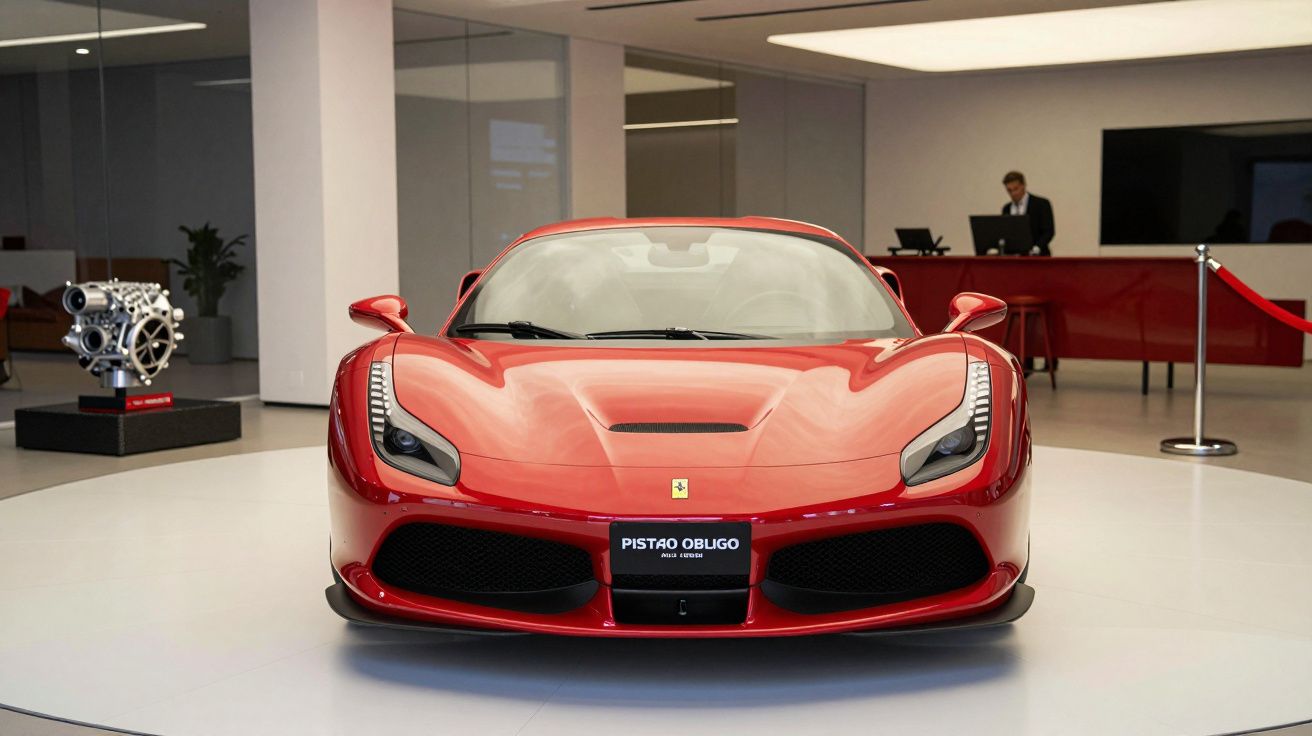 Carro desportivo vermelho exposto em showroom, com um homem ao fundo e um motor em pedestal à esquerda.