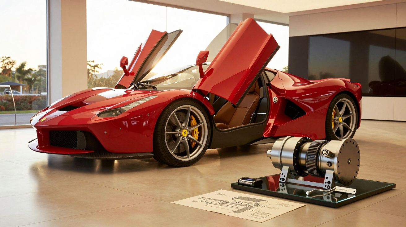 Carro desportivo vermelho com portas abertas num showroom, ao lado de um motor exposto.