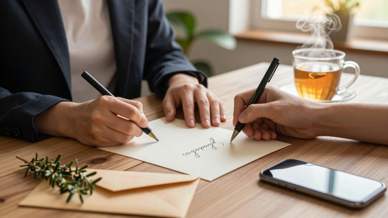 Duas pessoas escrevem num papel branco numa mesa de madeira com chá fumegante e telemóvel ao lado.