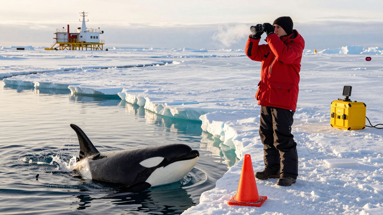 Pessoa observa uma orca junto ao gelo no Ártico, usando binóculos. Estação remota e equipamento ao fundo.