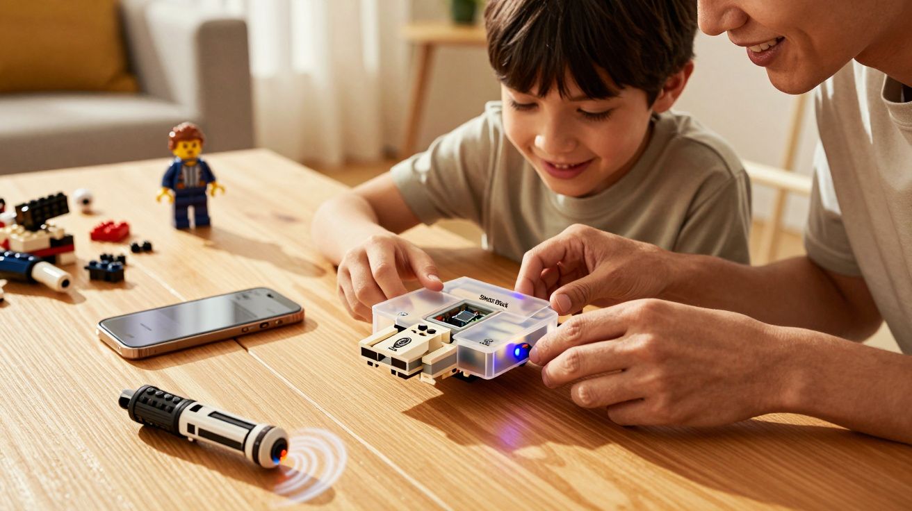 Criança e adulto montam robô com peças no chão de madeira, perto de telemóvel e brinquedos.