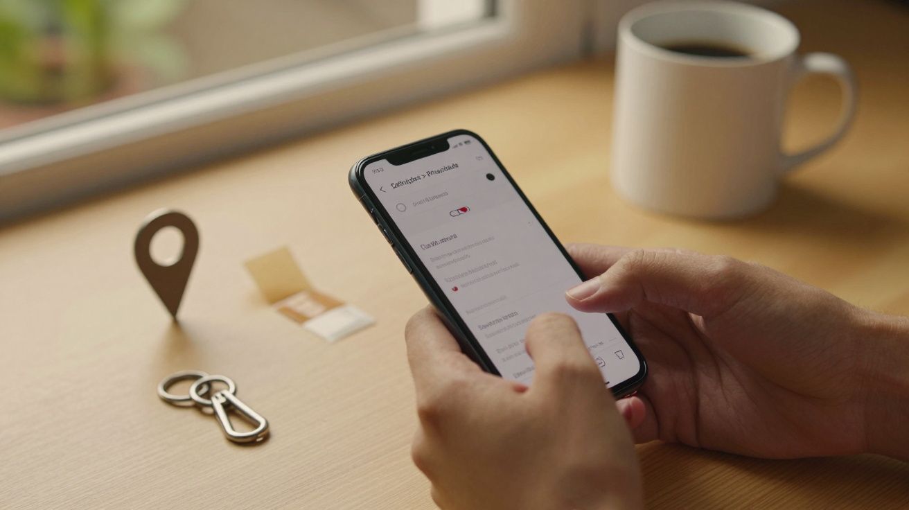 Pessoa a segurar um smartphone perto de janela, com chávena de café e chave em mesa de madeira.