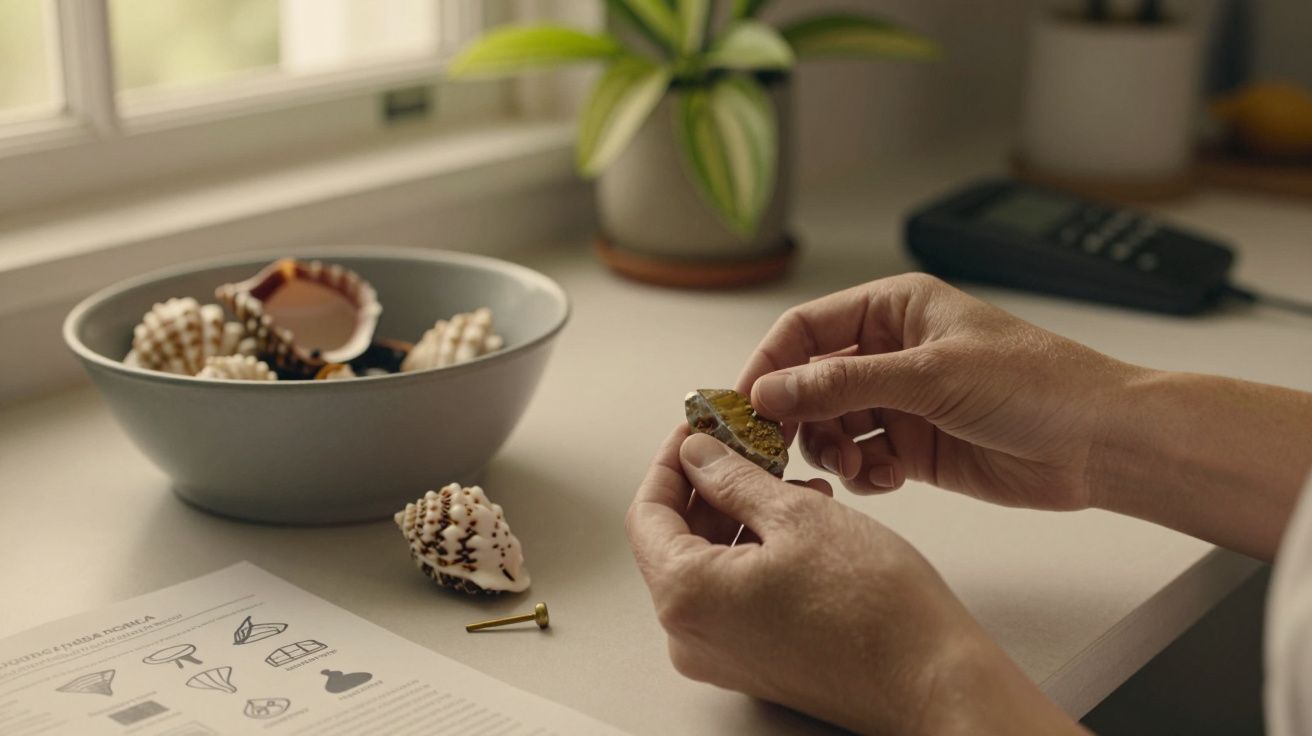 Mãos seguram concha ao lado de uma tigela cheia de conchas em mesa; à esquerda, um manual com símbolos.