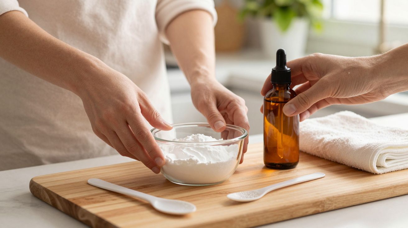 Duas pessoas preparando uma mistura num tábua com bicarbonato de sódio e um frasco conta-gotas.