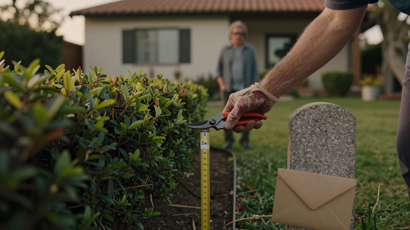 Pessoa a aparar arbustos com podador junto a uma régua. Fundo: casa e pessoa ao longe, com envelope no chão.