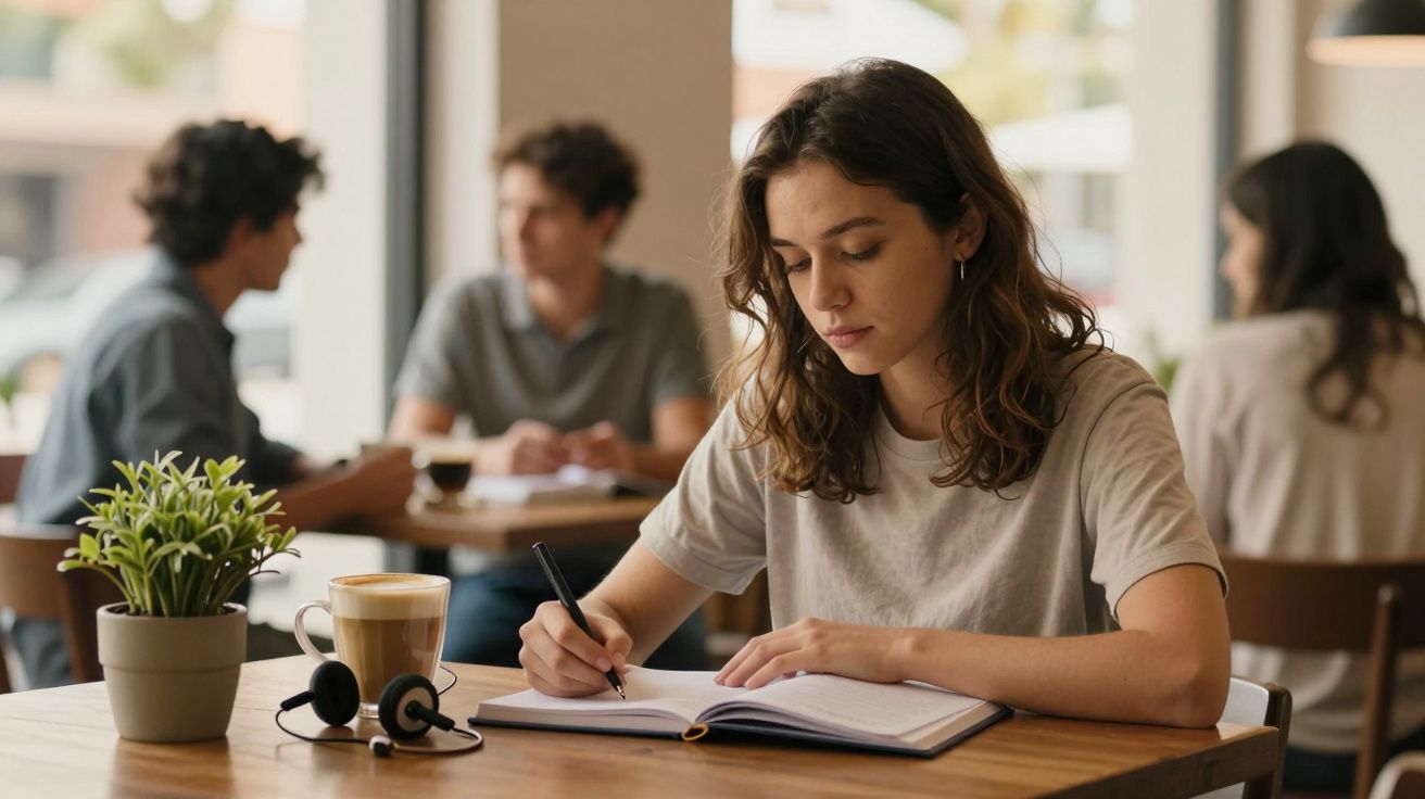 Mulher concentrada a estudar num café, com livro aberto e auriculares ao lado, e pessoas ao fundo em segundo plano.