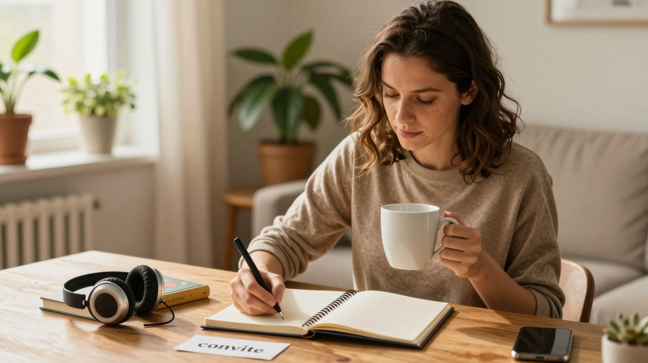 Mulher escreve em caderno com chá na mão, fones ao lado. Interior com plantas e luz natural.