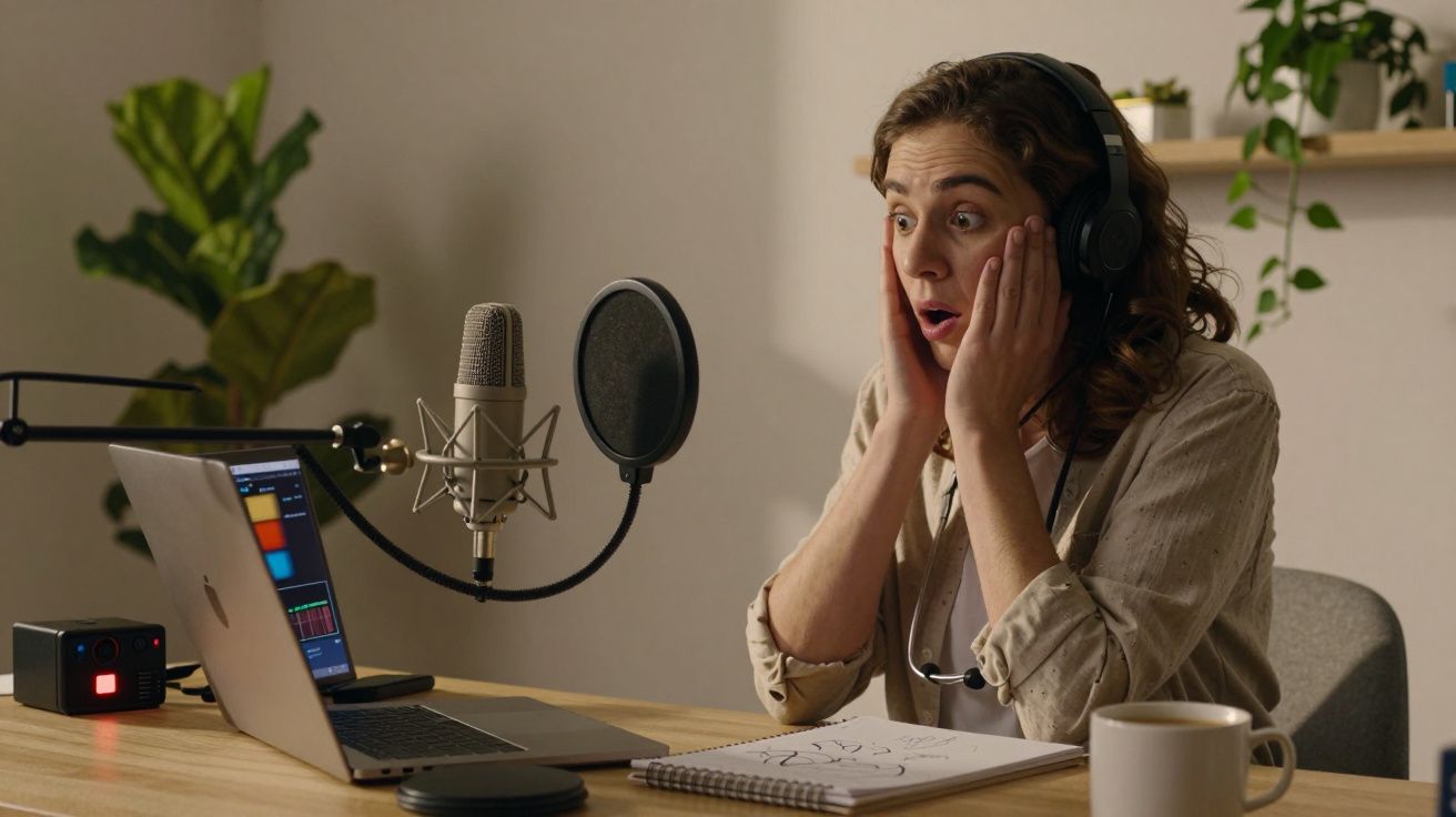 Mulher surpreendida com auriculares, sentada à frente de um microfone e computador, com plantas no fundo.