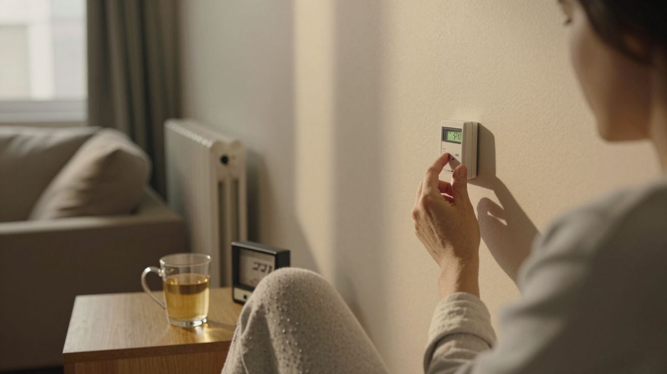 Mulher ajusta termostato digital numa parede, com chá numa mesa ao lado e sofá ao fundo.