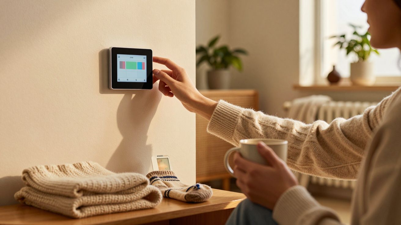 Pessoa ajusta termostato inteligente na parede, segurando uma chávena, com roupa de malha e plantas ao fundo.