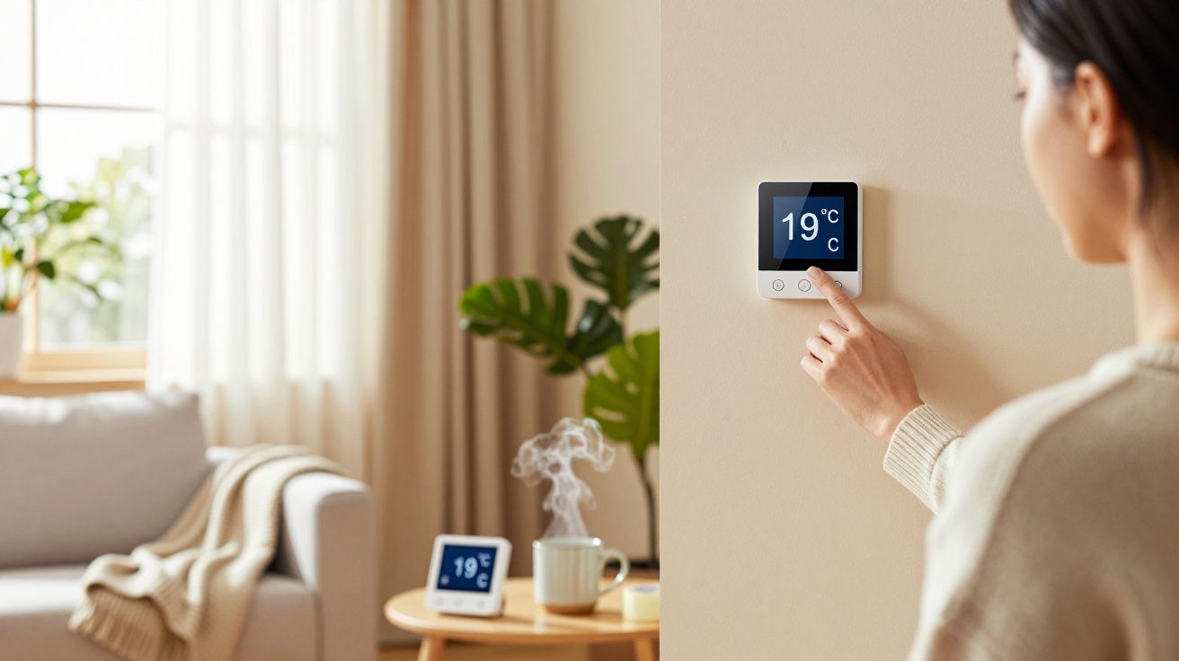Mulher ajusta termostato na parede a 19°C; sala ao fundo com sofá, manta, plantas e mesa com chávena fumegante.
