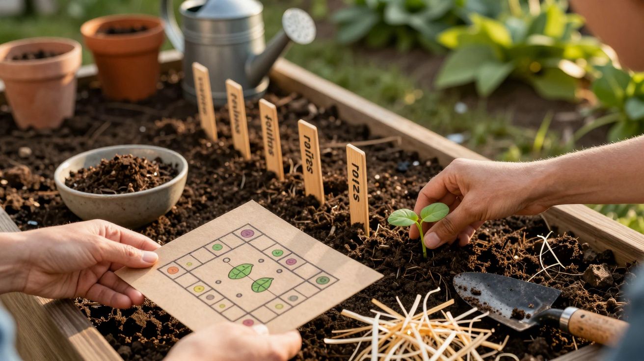 Duas pessoas a plantar sementes num jardim elevado, usando um mapa de plantio e etiquetas de madeira para organização.