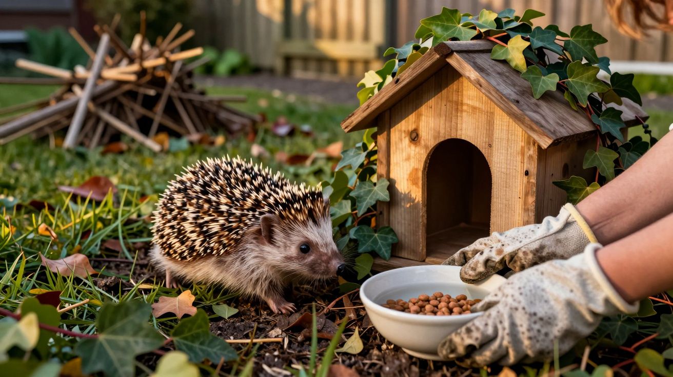 Ouriço junto a uma casinha de madeira no jardim, enquanto uma pessoa oferece comida numa tigela branca.