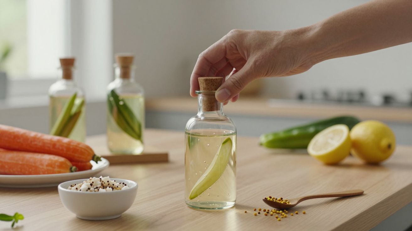 Mão segurando garrafa com fatia de pepino. Cenouras, limão e especiarias ao fundo sobre a mesa de madeira clara.