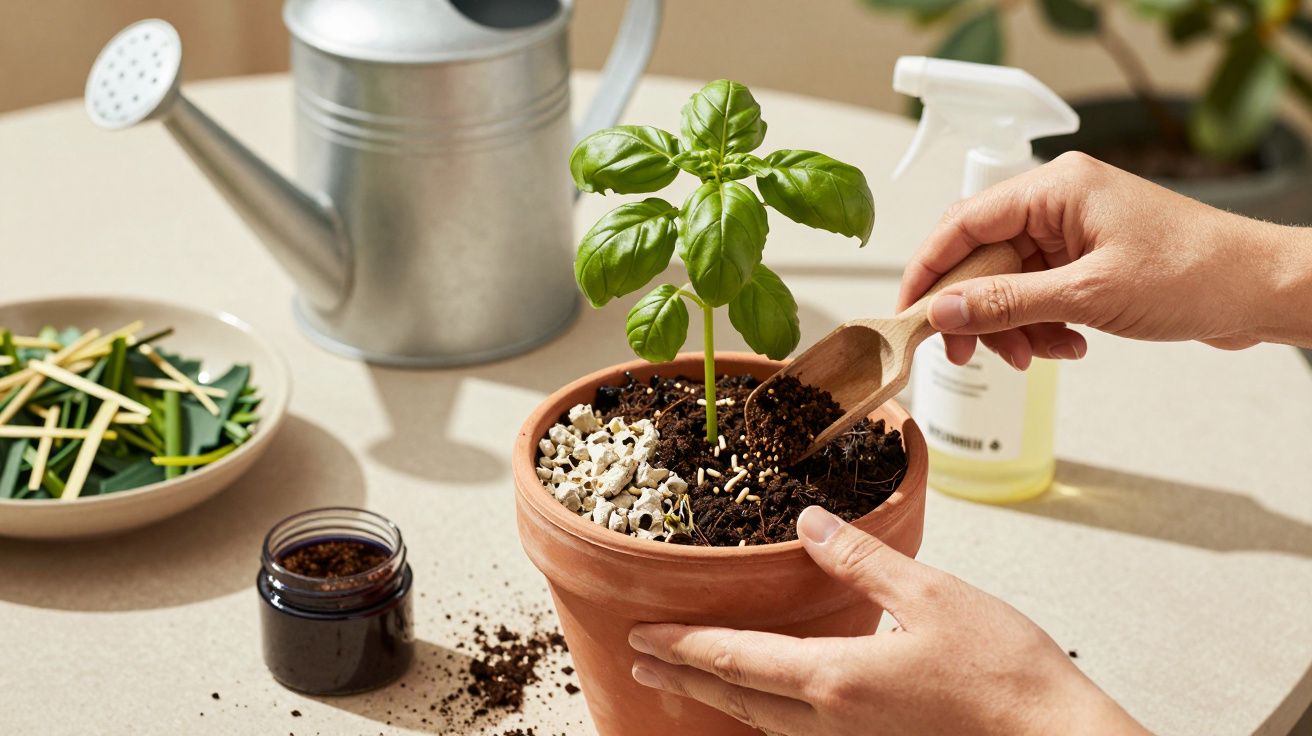 Mãos cuidam de uma planta de manjericão num vaso de barro, com regador e spray no fundo.