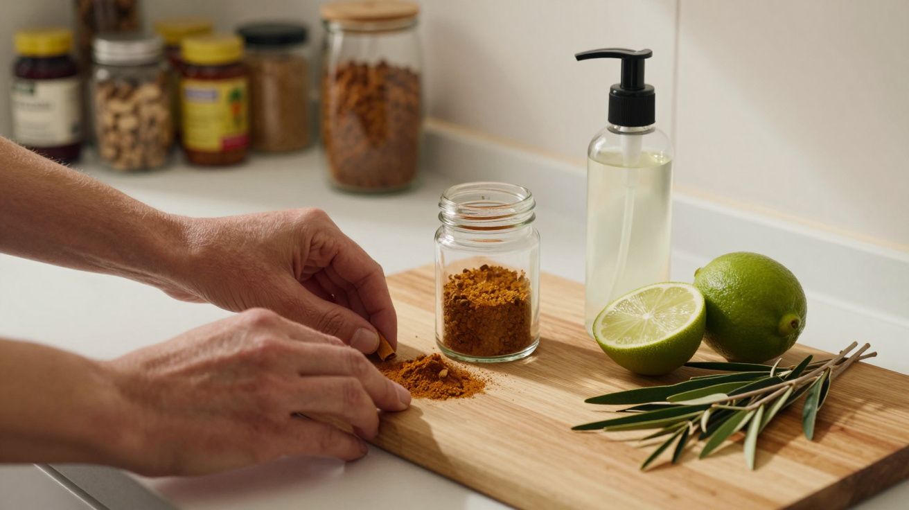 Mãos preparando especiarias numa tábua com limões, ramo de ervas e frasco de líquido em bancada de cozinha.